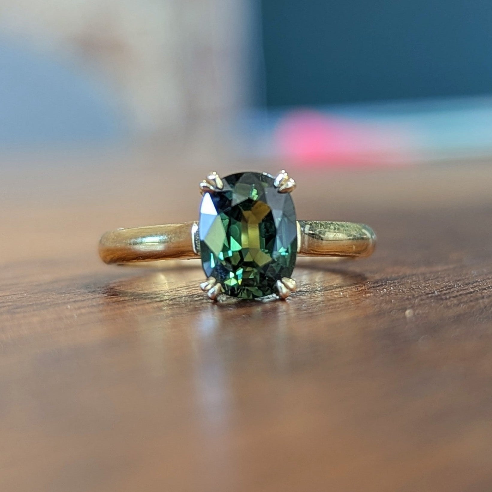 Second Empire Cushion Cut Ring - Green Australian Sapphire