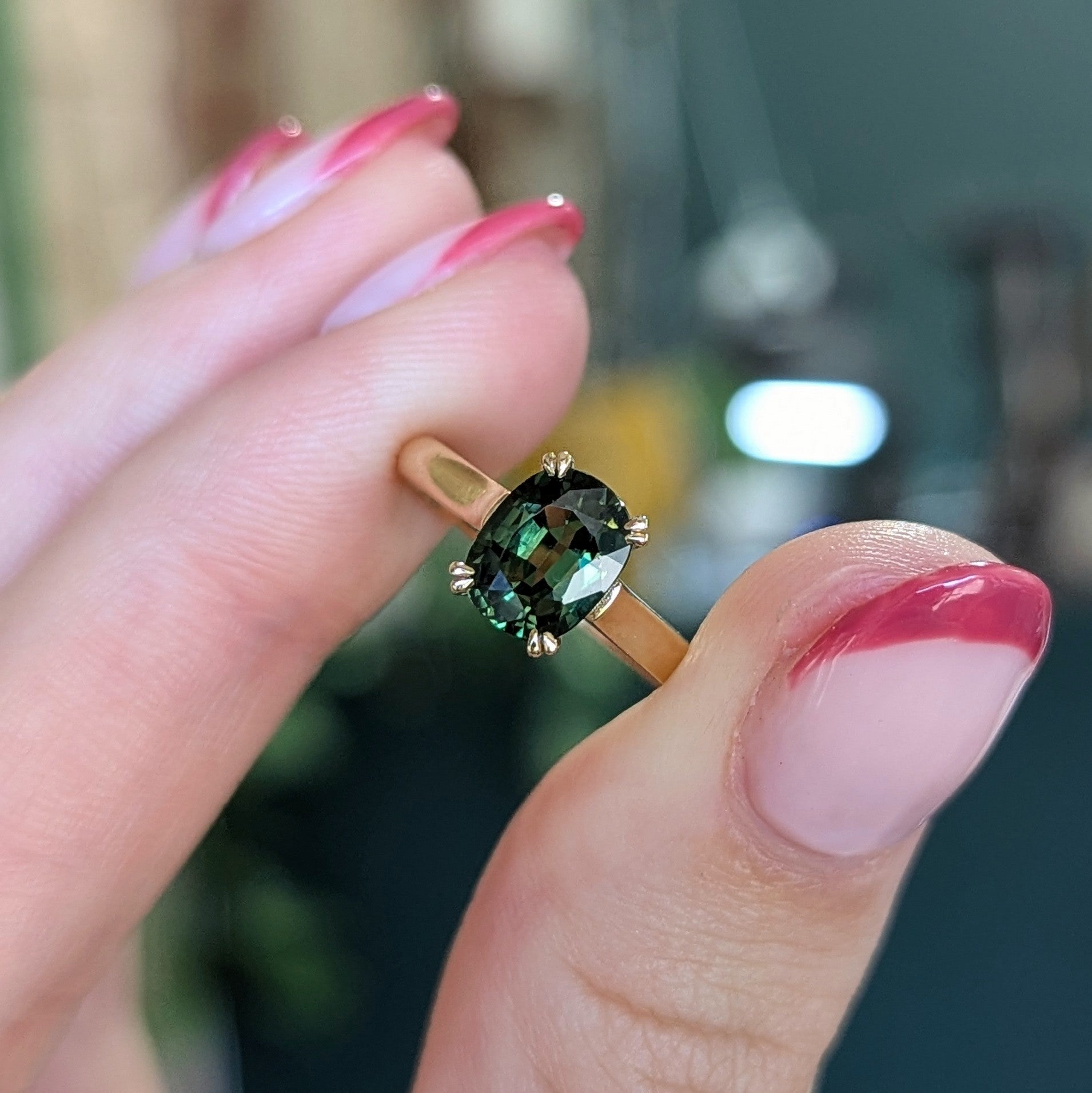 Second Empire Cushion Cut Ring - Green Australian Sapphire
