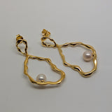 Organic Hoop and Pearl Earrings 9ct Yellow Gold Plated