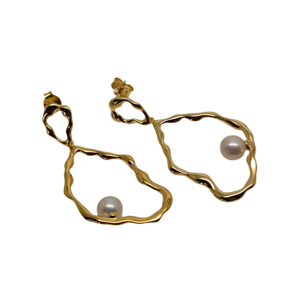 Organic Hoop and Pearl Earrings 9ct Yellow Gold Plated