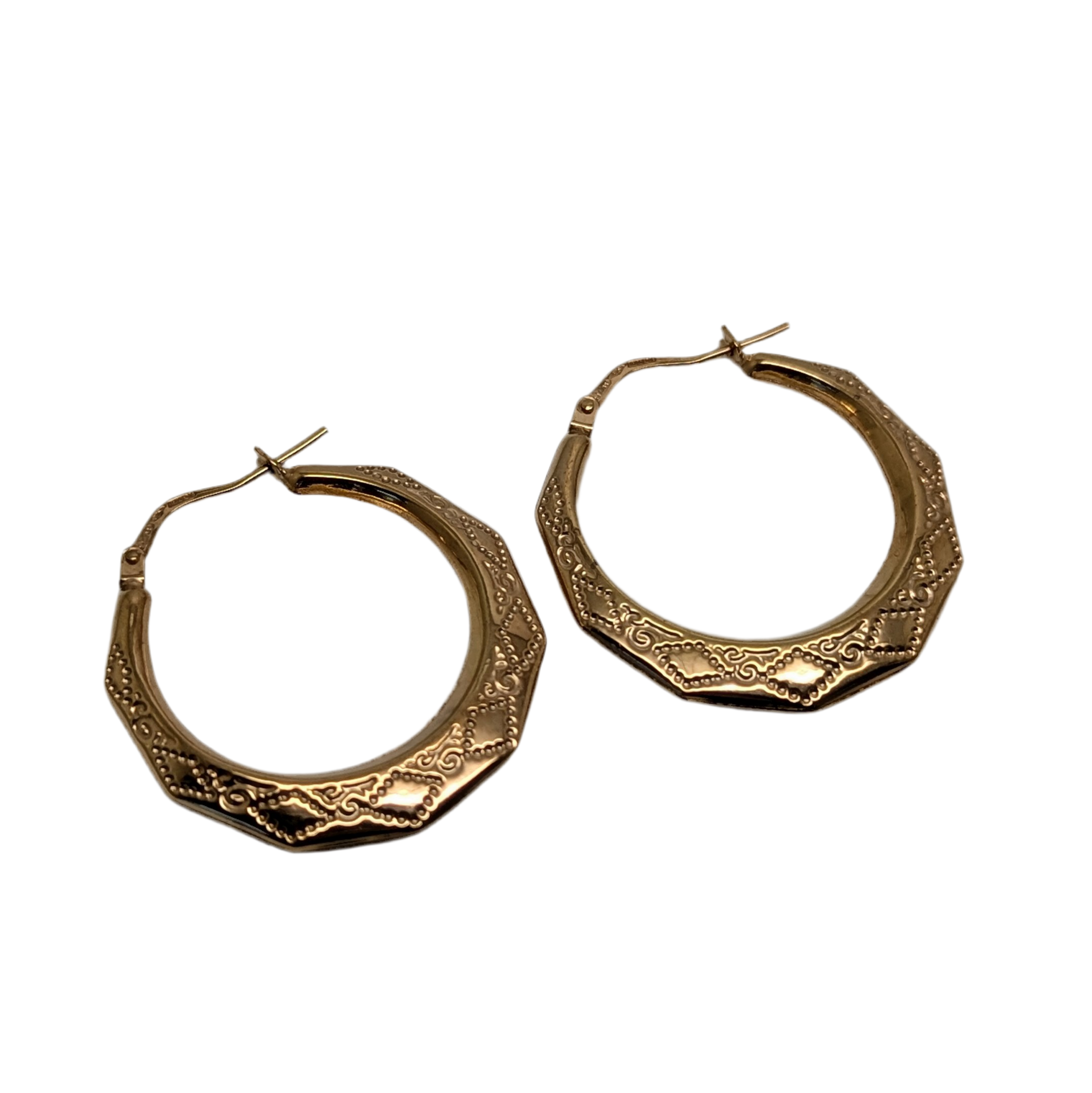 Octagonal Creole Patterned Hoop Earrings 9ct