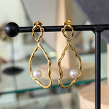 Organic Hoop and Pearl Earrings 9ct Yellow Gold Plated