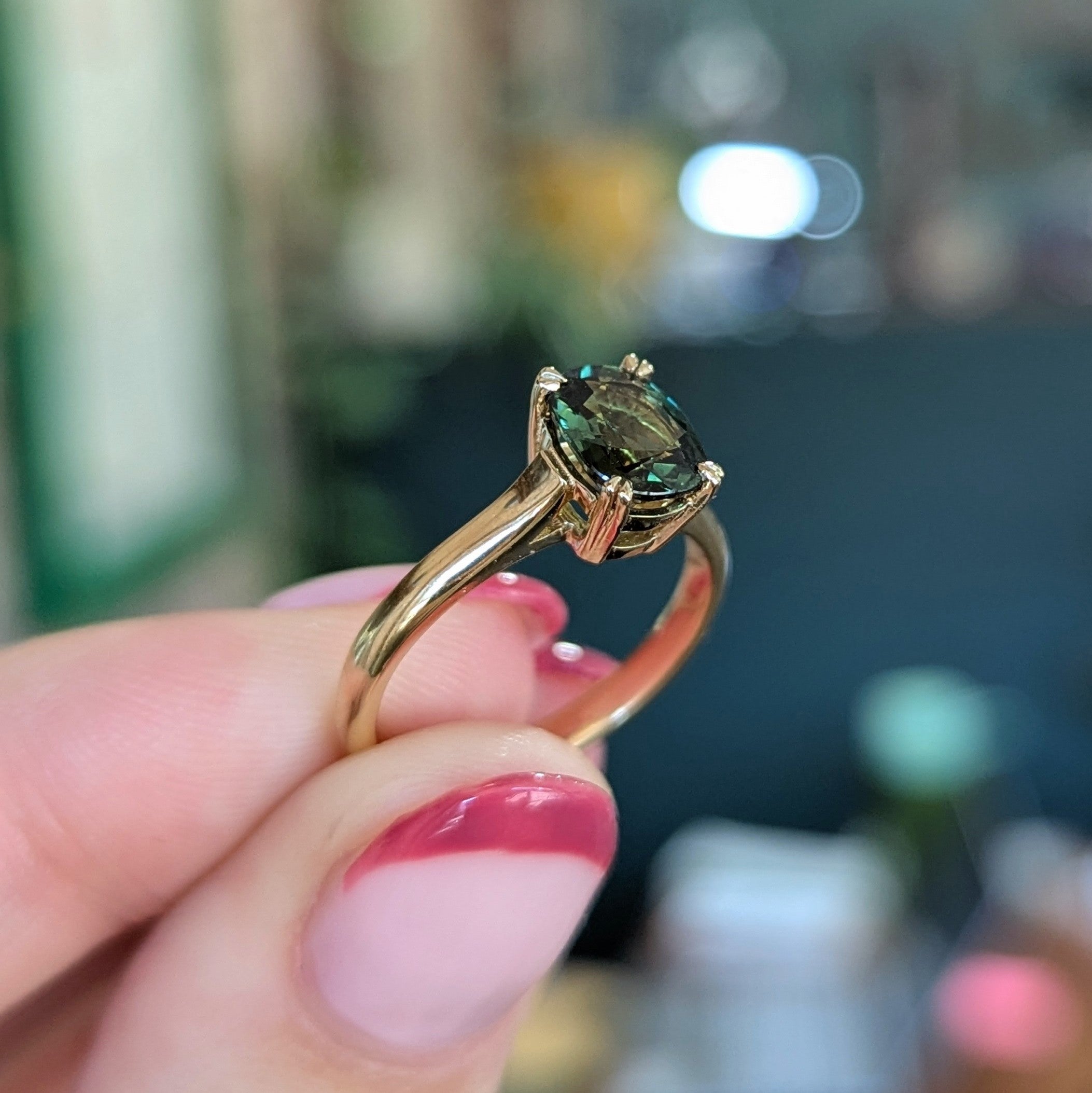 Second Empire Cushion Cut Ring - Green Australian Sapphire