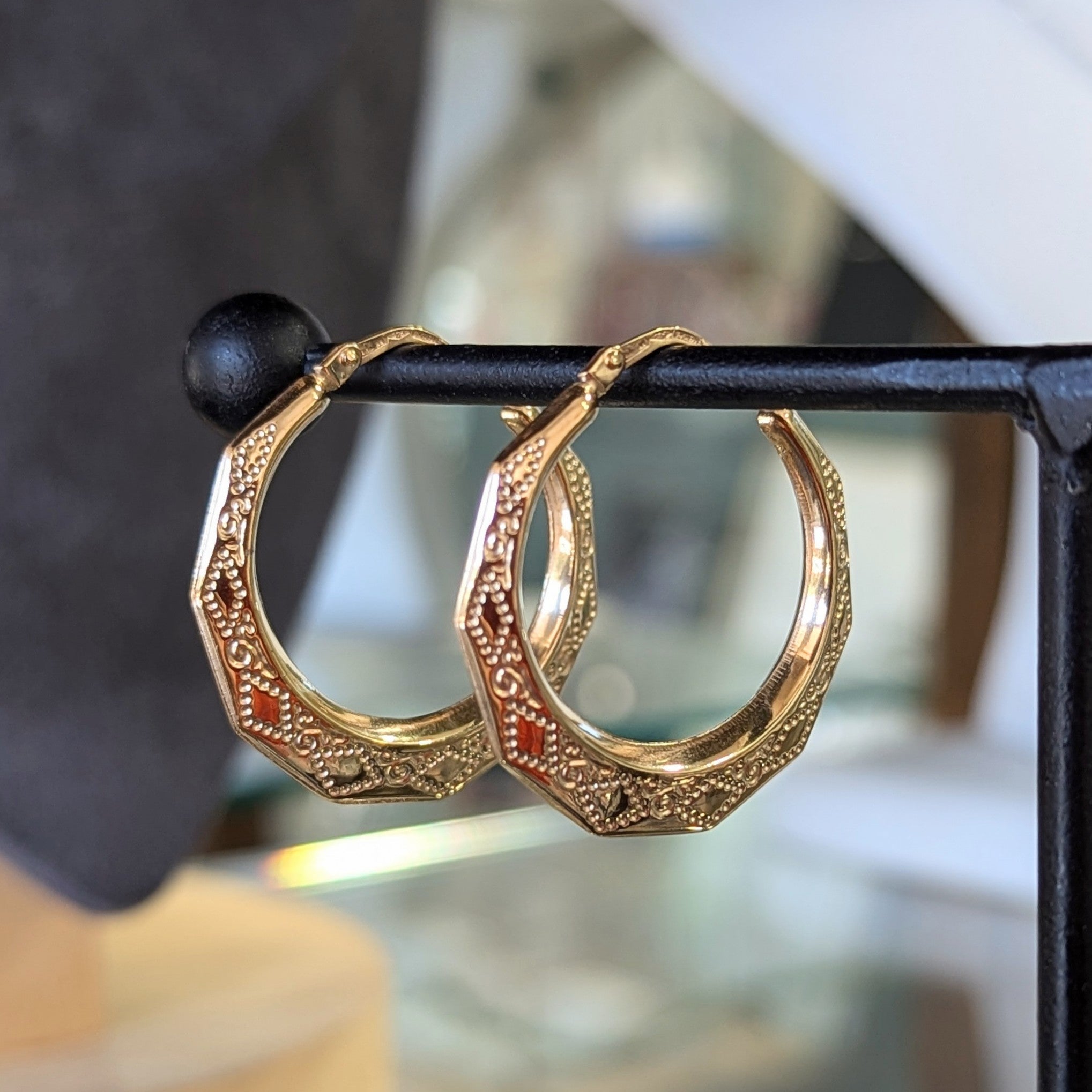 Octagonal Creole Patterned Hoop Earrings 9ct