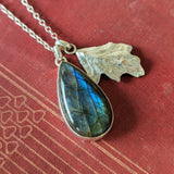 Kirra-Lea - Bezel Set Labradorite Necklace with Oak Leaf Charm