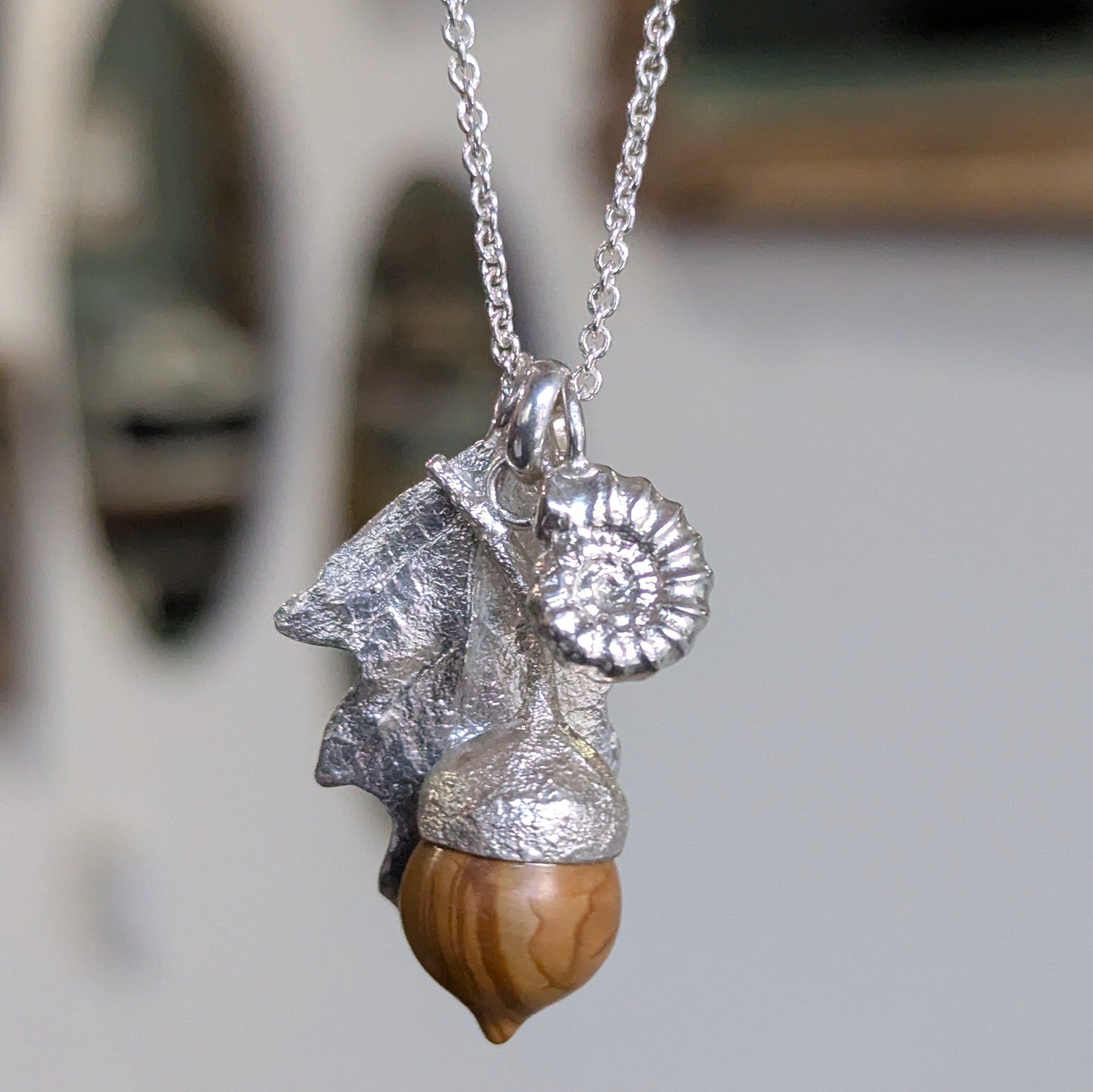 Kirra-Lea - Oak Leaf Pendant with Ammonite and Petrified Wood