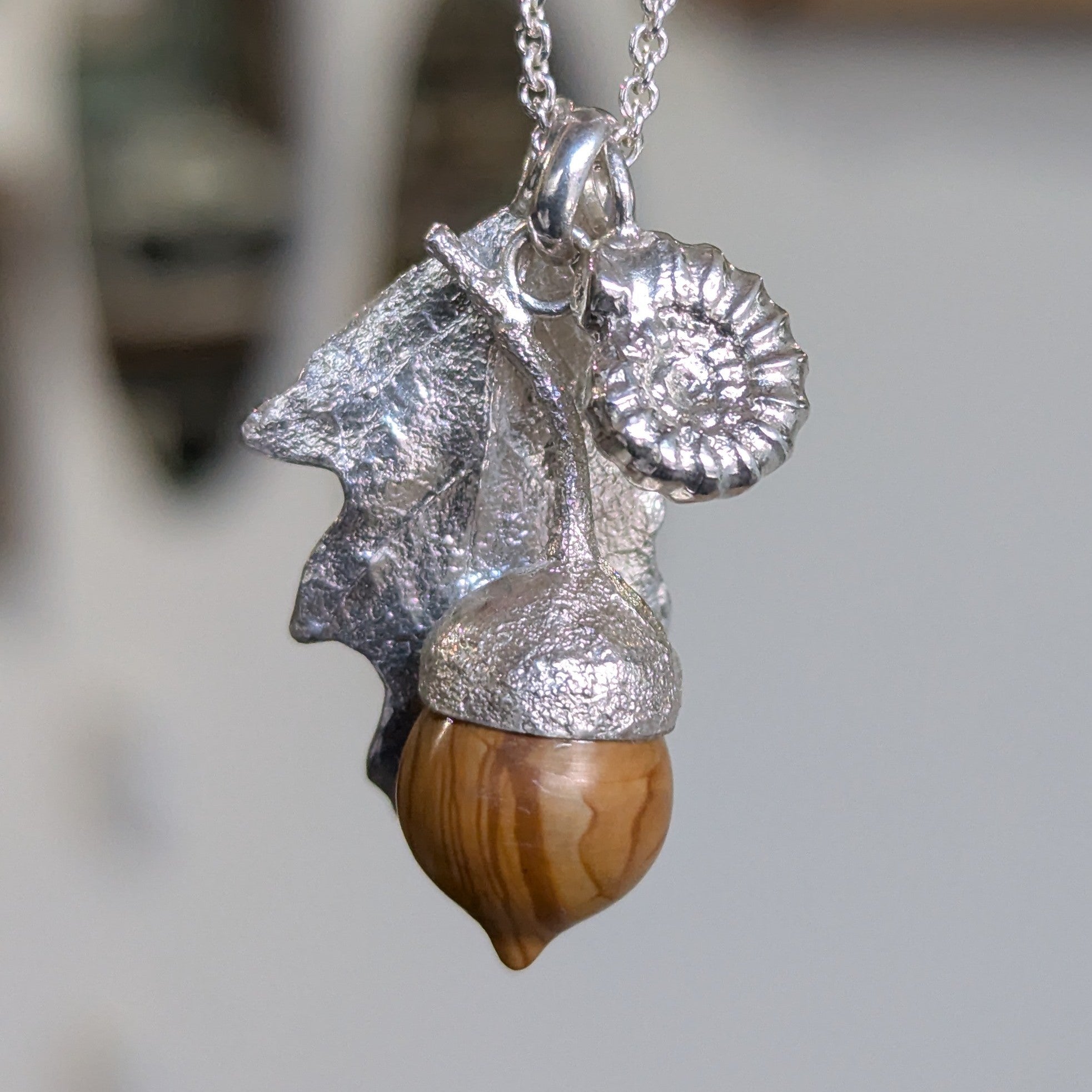 Kirra-Lea - Oak Leaf Pendant with Ammonite and Petrified Wood
