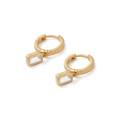 Gold hoop earrings with emerald cut topaz on a white background